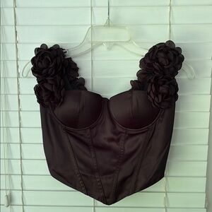 boohoo Occasion Satin Rose Corset Top Black SZ 6  (UKSize10) NWT